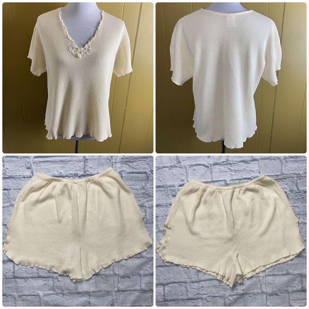 Adonna women M short sleeve & shorts waffle print pajama set cream color